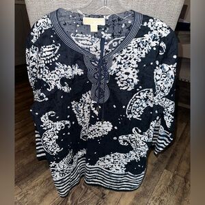 Michael Kors Tunic Top Long Sleeve Navy Blue white Large